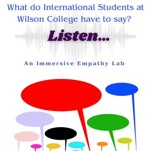 Poster with colorful speech bubbles. The words read:  What do International Students at Wilson College have to say?  Listen.... An Immersive Empathy Lab.