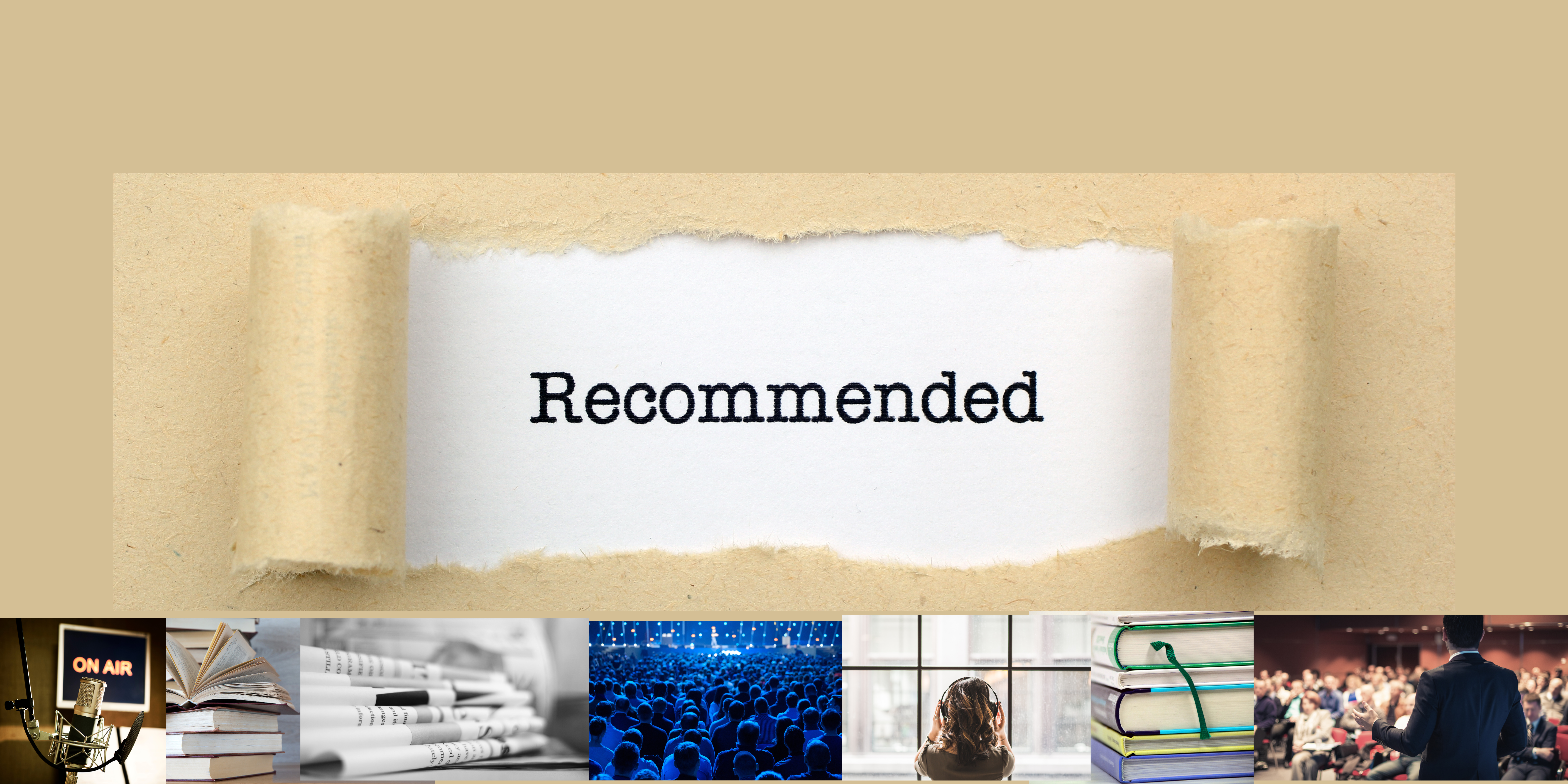 Banner with an embedded title saying Recommended. At the bottom are images depicting representations of podcasts, lectures, TedTalks, books, and articles.