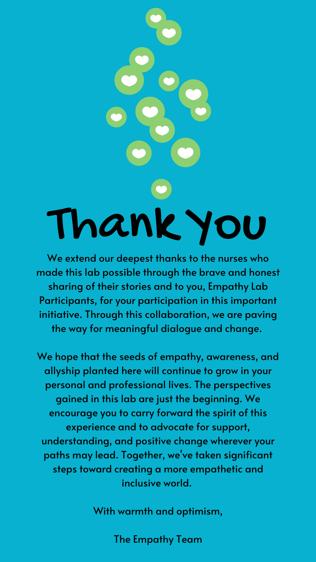 A thank you note on blue background with floating green and white hearts expressing gratitude to nurse storytellers and lab participants and a word of hope about carrying the awareness gained from this experience forward.